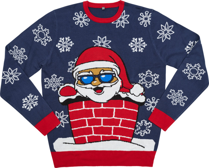 Julegenser m/julenisse i skorstein blå str. XXL